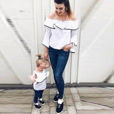 2018 Summer Sexy Off Shoulder Tops Women Blouse Family Matching Outfit Blusa Ruffle Flare Sleeve Women Girls Clothes White Shirt