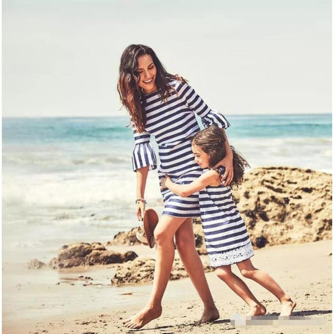 Family Matching Outfits Mother&Daughter Clothes Dress Girl Striped Skirt Sun